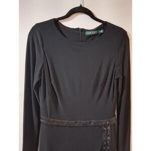 Lauren Ralph Lauren Black Long Sleeve Lace Up Faux Leather Trim Dress 6